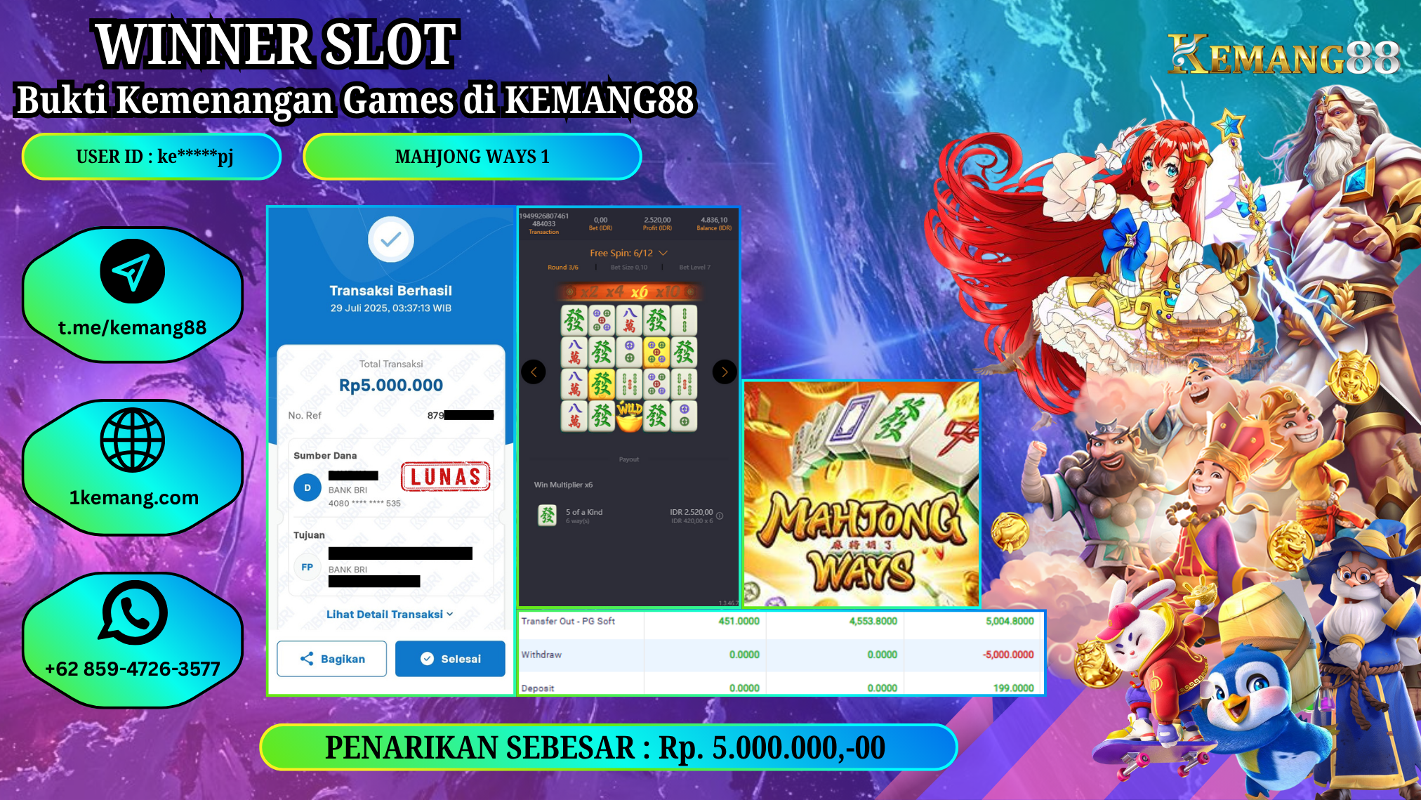 KEMANG88 [29 JULY 2025] : JACKPOT SLOT : MAHJONG WAYS 1 [PG] Rp.5.000.000.,- LUNAS